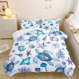 XYNHML Blue Sea Turtle Comforter 3Pcs Ocean Bedding Set Twin Coral Starfish Shell Fish Bedding Set for Kid Teen Girl Boy Adult Bed Decor Conch Manta Ray Quilt with 1 Comforter and 2 Pillowcases XYNHML