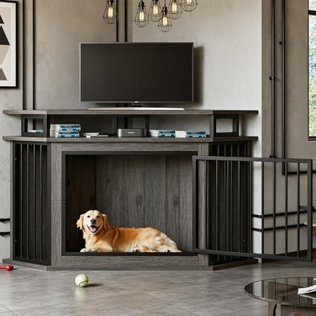 IRONCK 51" Corner Wooden Dog Crate Furniture with 2-Tier Shelves, Pet Kennel for Large Dogs, Space-Saving Dog Cage Indoor, Rustic Brown (26.7" L x 51.2" W x 33.5" H) IRONCK