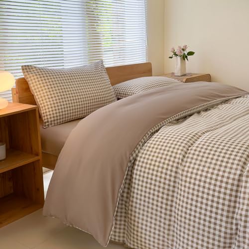 NSNLGSGC Twin Grid Gingham Duvet Cover Set Tan - Washed Soft Comforter Cover Set Brown Lightweight Bedding Set (2PCS, Twin) NSNLGSGC