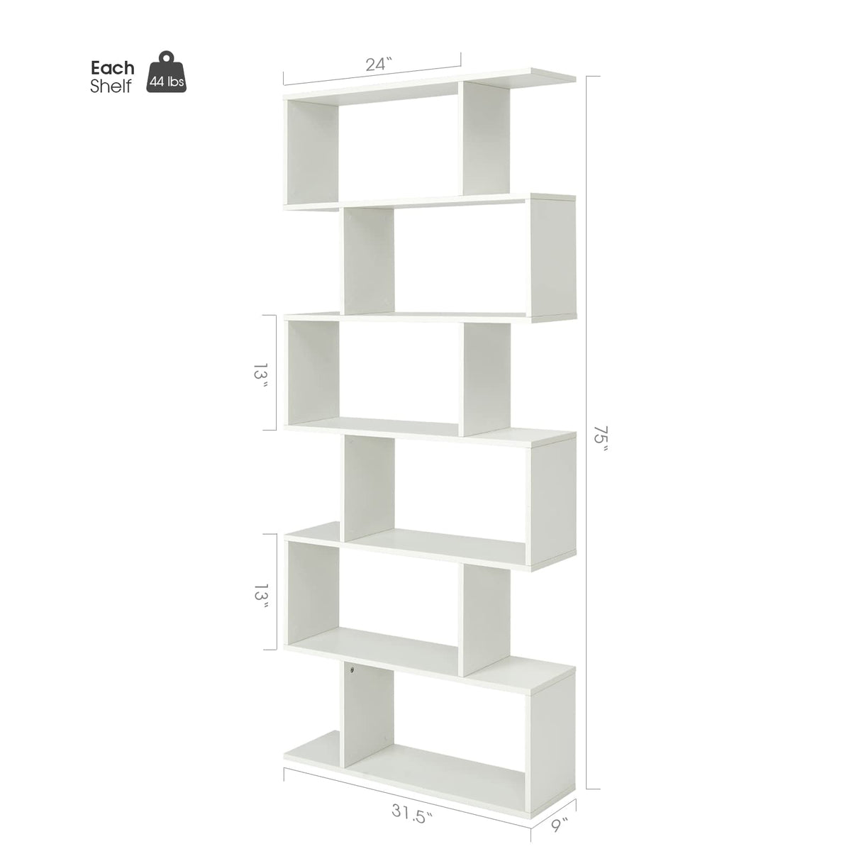 Giantex Geometric Bookcase White, S-Shaped Wooden Bookshelf, 6-Tier Modern Freestanding Decorative Storage Display Shelves for Bedroom, Living Room Giantex