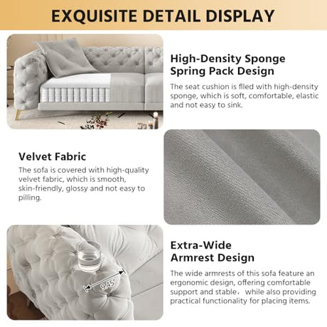 Tabaray 97.7'' Pull Out Sofa Bed King, Chesterfield Velvet Sleeper Sofa, Convertible L-Shaped Futon Couch, Tufted Back, Ottoman, Deep Seat Loveseat Couches for Living Room, Apartment, Light Gray Tabaray