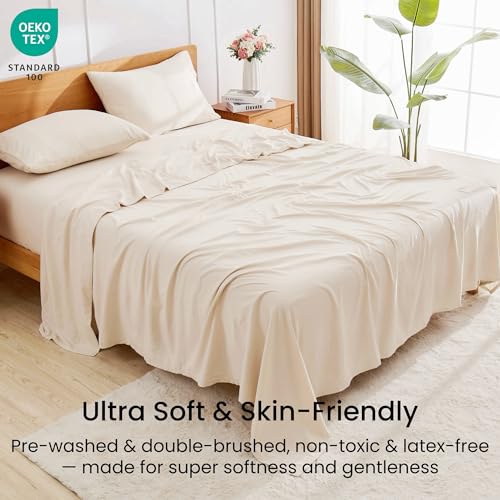 GOKOTTA 4-Pcs King Size Sheets Set, 10-16" Deep Pocket, Non-Slip Elastic Corner Straps, Washed & Brushed Microfiber Polyester - Hotel Luxury, Ultra Soft, Breathable, Wrinkle-Free, Anti-Rip - Beige GOKOTTA