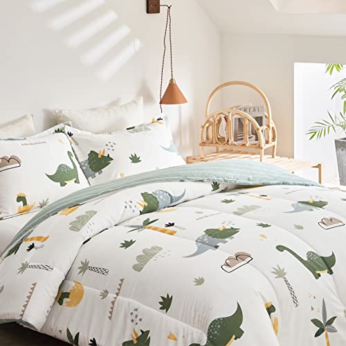Joyreap Dinosaur Kids Cotton Comforter Set for Boys Girls, Twin Size 3pcs Cotton Bedding Comforter, Fresh Green Dinosaurs on White Design, Skin-Friendly Breathable for All Season- 68x88 inches Joyreap