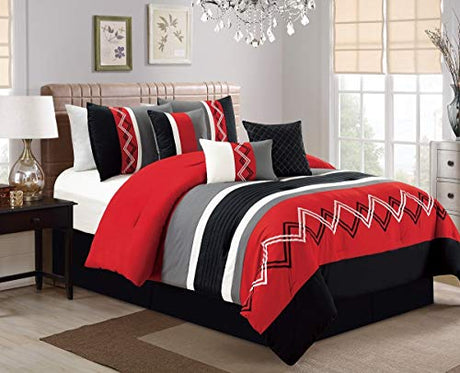 Chezmoi Collection Arden 7-Piece Modern Pleated Stripe Embroidered Zigzag Bedding Comforter Set (Full, Red/Black/Gray/Off-White) Chezmoi Collection