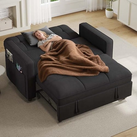 YITAHOME 3-in-1 Convertible Sofa Bed, Modern Loveseat Sleeper with Pull-Out Chaise, USB Charging Ports, Side Pockets, Compact Sofa for Living Room, Bedroom, Apartment, Black YITAHOME