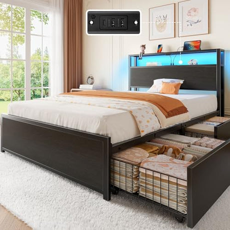 Rolanstar Twin Bed Frame with 4 Storage Drawers, Charging Station and LED Lights, Metal Platform Bed with 2-Tier Storage Headboard, No Box Spring Needed, Easy Assembly, Noise-Free, Black Rolanstar