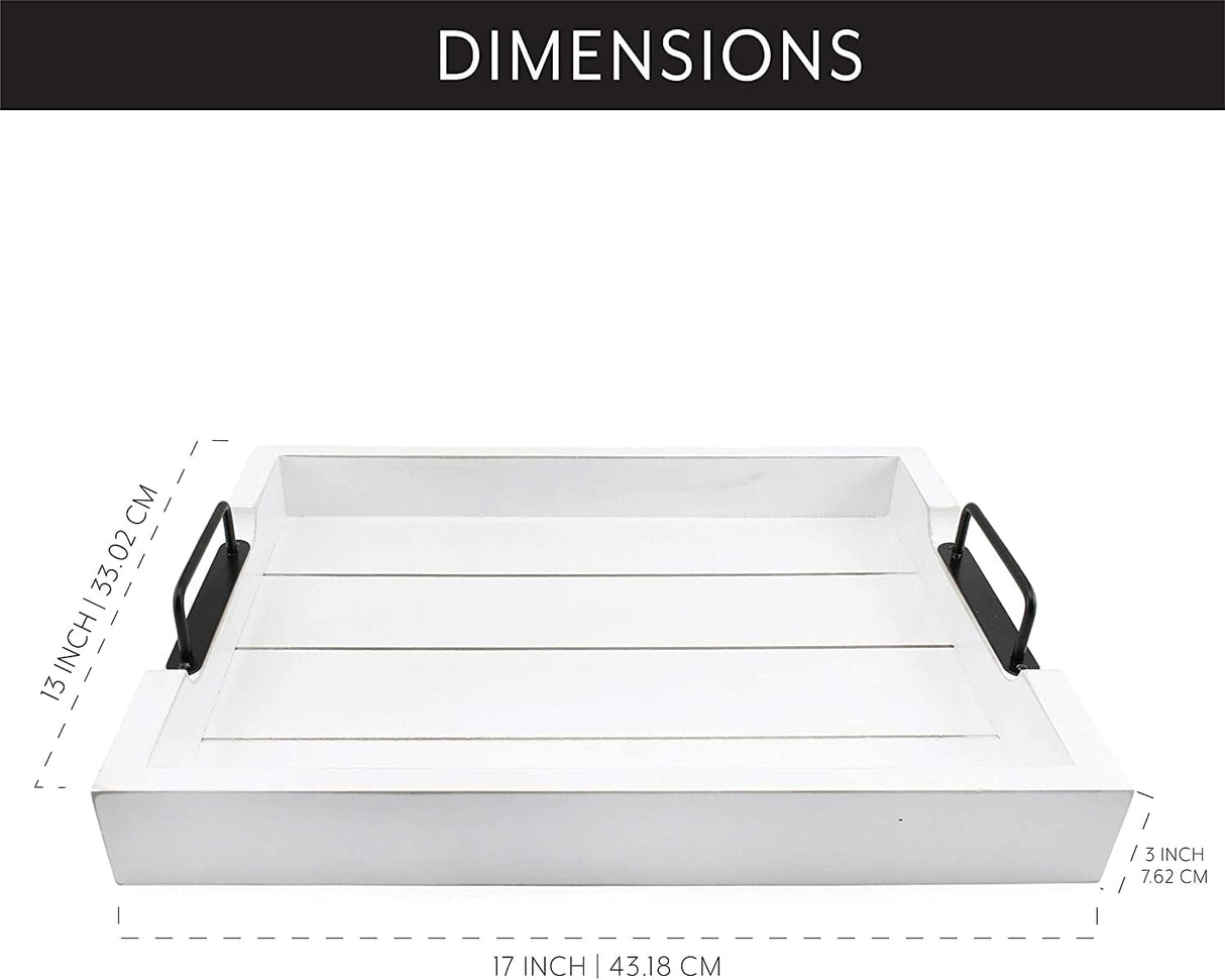 AuldHome Rustic Wood Serving Tray (White); Wooden Farmhouse Shiplap Decorative Ottoman Tray with Black Metal Handles, 16.75 x 12.75 Inches AuldHome Design