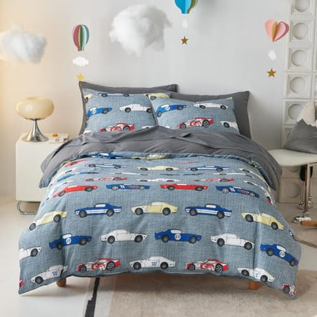 Wake In Cloud - Race Car Bedding Set for Boys, Cute Colorful Sports Car Supercar Wheels Comforter Set with Sheets, 5 Pieces Kids Bed in a Bag, Gray, Twin Size Wake In Cloud