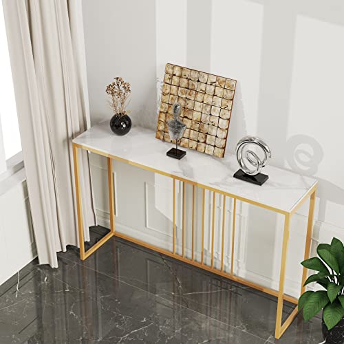 Wisfor Sintered Stone Entryway Console Table: White Marble Tabletop Long Table with Golden Frame - Narrow Side Table Behind Sofa for Hallway Foyer, 47x12x31 inch Wisfor