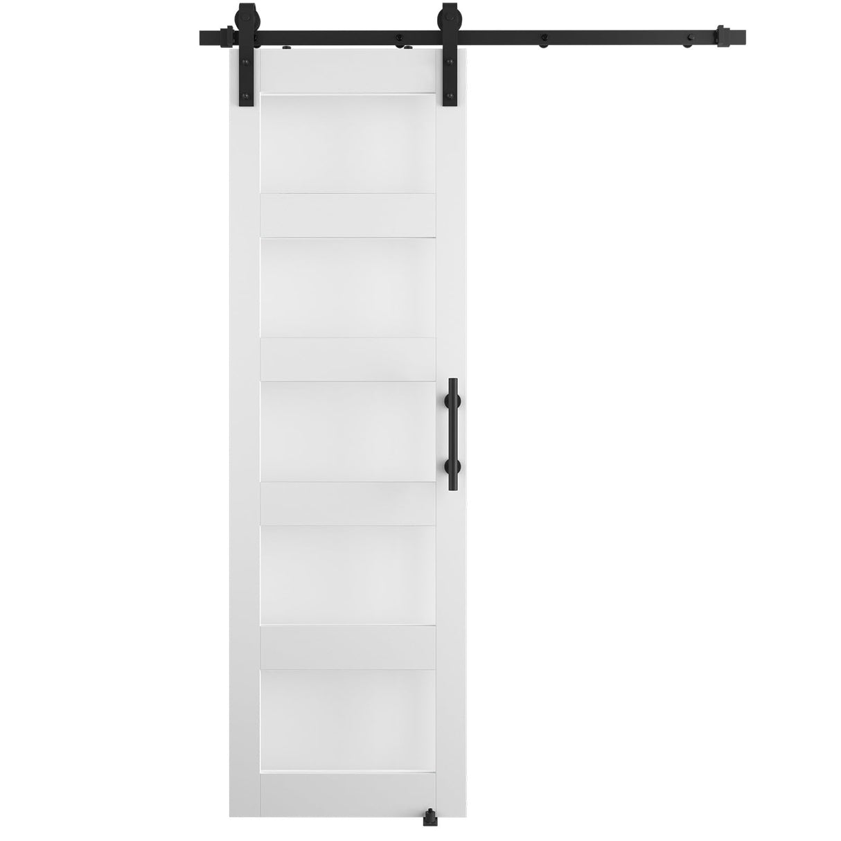 ALAMEDADT 26'' x 84'' Glass Barn Door and 5 Ft Hardware Kit Included, MDF White Barn Door Slab with Frosted Glass, PVC Surface, Combined with Handle and Floor Guide-Assembly Required, White ALAMEDADT