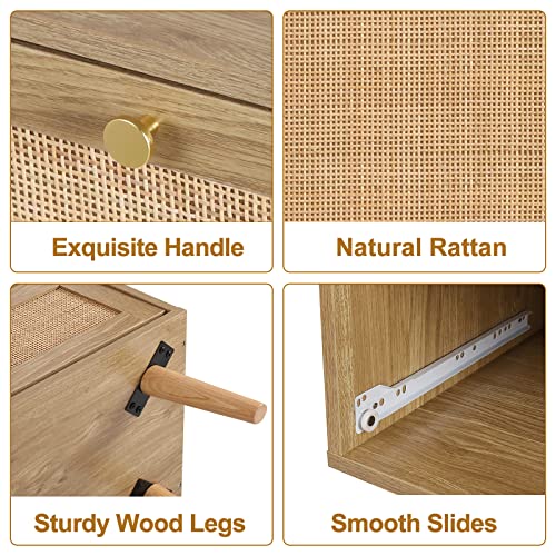 Anmytek 3 Drawer Dresser for Bedroom, Rattan Dresser Modern Wood Chest of Drawers with Spacious Storage for Bedroom Hallway Living Room, Rustic Oak, H0027 Anmytek