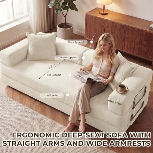 GRUSIGN 78 Inch Convertible Sofa Bed, 5-in-1 Futon Sofa Bed Pull Out Couch, Boneless Couch Bed for Living Room, Corduroy Boneless Couches for Bedroom, Apartment, No Assembly Sleeper Sofa Bed, Beige GRUSIGN