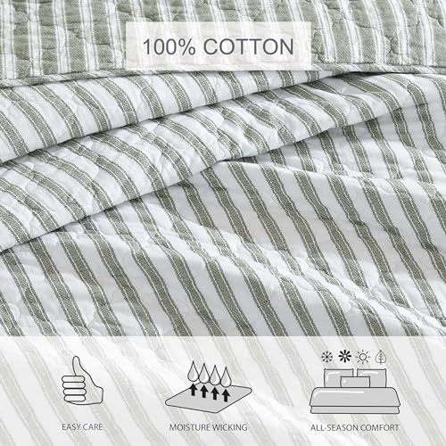 Stone Cottage - Twin Quilt Set, Reversible Cotton Bedding with Matching Shams, Striped Ideal Bedding Set (Willow Way Green, Twin) Stone Cottage