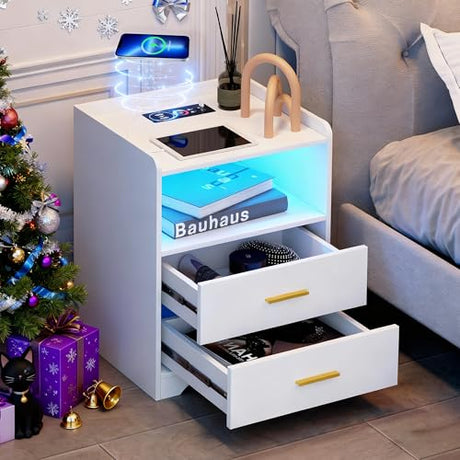dnbss White LED Nightstand with Charging Station and 24-Color RGB Lights, Smart Night Stand with Human Sensor Lighting, Modern Bedside Table for Bedroom dnbss