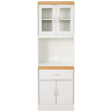 Hodedah Long Standing Kitchen Cabinet with Top and Bottom Enclosed Cabinet Space, One Drawer, Large Open Space for Microwave, White Hodedah