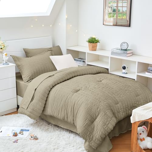 HYMOKEGE Linen Twin XL Comforter Set Seersucker 5 Pieces, All Season Luxury Bed in a Bag for Bedroom, Bedding Set with Comforter, Sheets, Pillowcase & Sham HYMOKEGE
