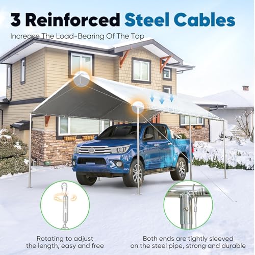Quictent 10x15 ft Heavy Duty Car Canopy Galvanized Frame Carport Outdoor Party Tent Boat Shelter with 3 Reinforced Steel Cables - Grey Quictent
