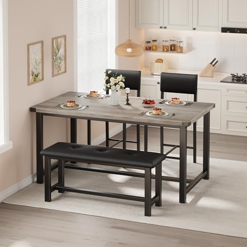 Garvee Wooden Dining Table Set for 4, Kitchen Table and 2 Upholstered Chairs with Bench, Rectangular Dining Room Set, for Small Space, Apartment, Home, Easy Assembly, Retro Gray Garvee