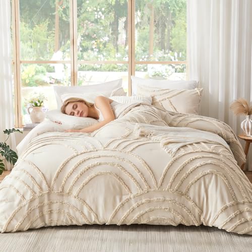 ENJOHOS Full Boho Comforter Set for College Girls - 3 Pieces Beige Tufted Rainbow Comforter, Lightweight Soft Microfiber Bedding with 2 Pillowcase for All Season ENJOHOS
