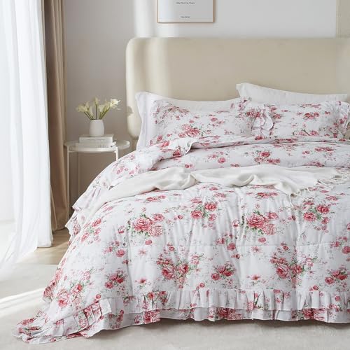 VM VOUGEMARKET Ruffle Comforter Set Twin XL Red Rose Flower Comforter Romantic Floral Bedding Set Soft Microfiber Botanical Bedding Comforter Set 1 Flower Ruffled Comforter with 2 Pillowcases VM VOUGEMARKET