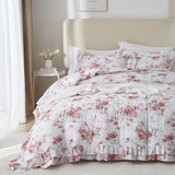 VM VOUGEMARKET Ruffle Comforter Set Twin XL Red Rose Flower Comforter Romantic Floral Bedding Set Soft Microfiber Botanical Bedding Comforter Set 1 Flower Ruffled Comforter with 2 Pillowcases VM VOUGEMARKET