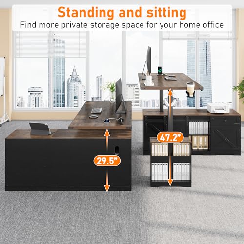 63" Farmhouse Electric Standing Desk Adjustable Height Sit Stand Corner Stand Desks, L Shaped Standing Computer Desk with Power Outlets & Storage Drawers & Sliding Door for Home Office, Black St.Mandyu