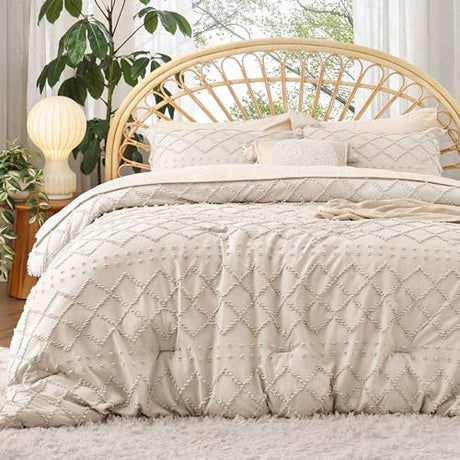 Bedsure Queen Comforter Set - Beige Comforter, Boho Tufted Shabby Chic Bedding for Kids, 3 Pieces Vintage Farmhouse Bed Set for All Seasons, Fluffy Soft Bedding with 2 Pillow Shams Bedsure
