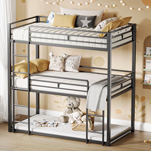 LIKIMIO Bunk Bed, Triple Bunk beds Twin Over Twin Over Twin with 2 Ladders, Metal Frame with Guardrails for Bedroom, No Box Spring Needed, Black LIKIMIO