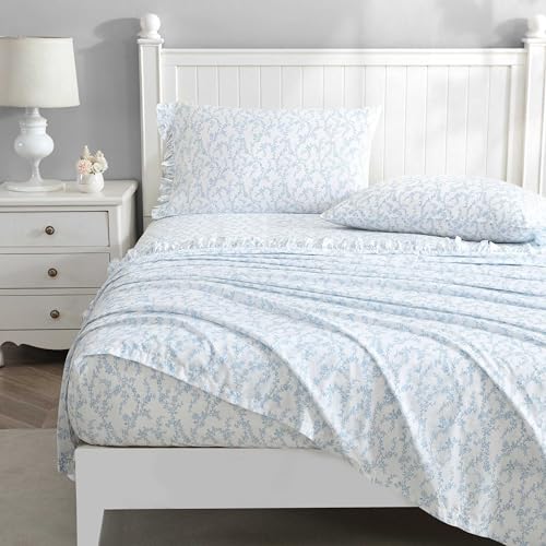 Laura Ashley - Twin XL Sheet Set, Crisp & Cool Cotton Percale Bedding with Deep Pockets, Lightweight for Year Round Comfort, Bed Sheets with Matching Pillowcase (Victoria Blue) Laura Ashley