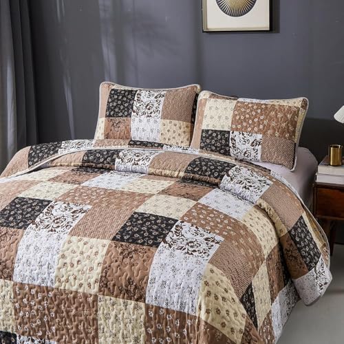 Mybedsoul Brown Quilt Set Twin Size, 2 Pieces Plaid Floral Bedspread Set Patchwork Reversible Bedding Set Microfiber Lightweight Bedspread Coverlet Set for All Season 68"x86" Mybedsoul