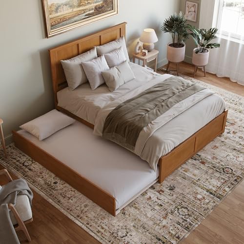 AFI Madison Queen Solid Wood Platform Bed with Footboard & Twin XL Trundle in Light Toffee AFI