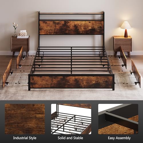 VINGLI Queen Bed Frame with 4 Storage Drawers and Headboard, Metal Platform Panel Bed with Charging Station and RGB LED Lights, No Box Spring Needed, Noise Free, Easy Assembly, Vintage Brown VINGLI