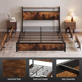 VINGLI Queen Bed Frame with 4 Storage Drawers and Headboard, Metal Platform Panel Bed with Charging Station and RGB LED Lights, No Box Spring Needed, Noise Free, Easy Assembly, Vintage Brown VINGLI