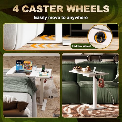 EKNKOZY Standing Desk, Medical Overbed Table with Rolling Tray and Power Outlet, Dual Pneumatic Angle and Height Adjustable Desk, Portable Side Table with Drawer, Home & Hospital Use, White EKNKOZY