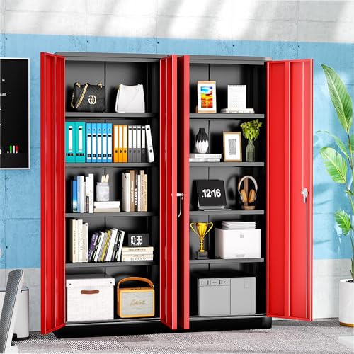 Pataku Metal Storage Cabinet, 72" Garage Cabinet with Doors and Shelves Lockable Steel Multifunctional Cabinet, Tool Cabinet for Garage, File Cabinet for Home, Office, Warehouse(Black Red) - WoodArtSupply