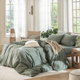 MooMee Bedding Duvet Cover Set 100% Washed Cotton Linen Like Textured Breathable Durable Soft Comfy (Heathered Green, King 104"x90") MooMee