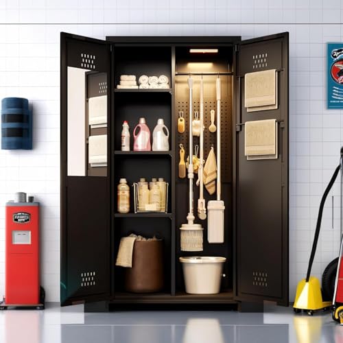 YITAHOME 71" Metal Garage Broom Cabinets with Adjustable Shelves, Vacuum Storage Cabinet with Doors and Drawer, Tool Storage Cabinet for Gym, Basement, Warehouse, Black, Metal YITAHOME