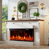 BREEZEHEAT 61" Electric Fireplace with Mantel, Freestanding Fireplace Heater TV Stand with 40" 3-Side Glass Insert for TVs Up to 70" with 2 Drawers for Living Room, Antique White BREEZEHEAT