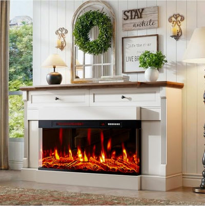 BREEZEHEAT 61" Electric Fireplace with Mantel, Freestanding Fireplace Heater TV Stand with 40" 3-Side Glass Insert for TVs Up to 70" with 2 Drawers for Living Room, Antique White