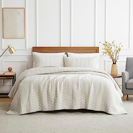 palassio Beige Cotton Quilt King Size Bedding Sets with Pillow Shams,White Lightweight Soft Bedspread Coverlet, Tan Cream Quilted Comforter Bed Cover for All Season, 3 Pieces, 106x96 inches palassio