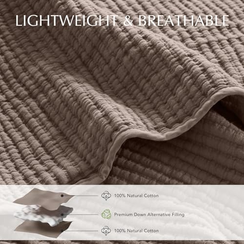 EVERGRACEHOME Cotton Coverlet Set Full Queen Size 3 Pieces, Lightweight Soft Ribbed Matelassé Bedspread Quilt Set, Cozy Oversized Quilted Bedding Set with 2 Pillow Shams for All Seasons, Mocha Brown EVERGRACEHOME