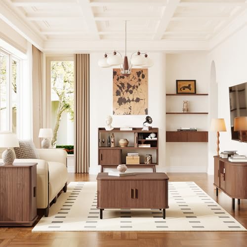 ONBRILL 44" Sideboard Buffet Cabinet with Outlet & 2 Open Storage Spaces, Fluted Sideboard Cabinet with Sliding Door & Adjustable Shelves, Mid-Century Accent Coffee Bar Console Table with Wooden Feet ONBRILL