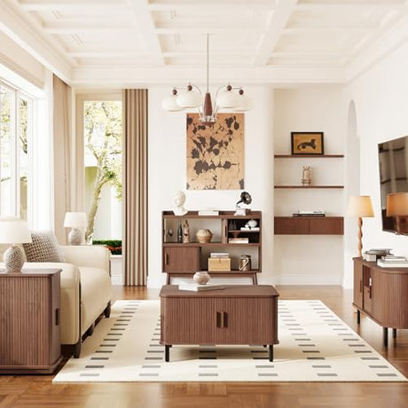 ONBRILL 44" Sideboard Buffet Cabinet with Outlet & 2 Open Storage Spaces, Fluted Sideboard Cabinet with Sliding Door & Adjustable Shelves, Mid-Century Accent Coffee Bar Console Table with Wooden Feet ONBRILL