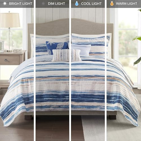 Madison Park Marina Comforter Quilt Combo Set - Modern Luxury Design, All Season Down Alternative Bedding, Matching Shams, Decorative Pillows, Full/Queen(90"x90"), Seersucker Blue 8 Piece Madison Park