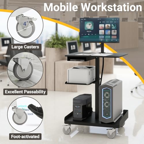 Natwind Mobile Workstation Cart with Monitor Mount, Height Adjustable Rolling Computer Desk with Cable Management Tidy, Heavy-Duty Standing Desk with CPU Holder for Office, School, Medical, Workshop Natwind