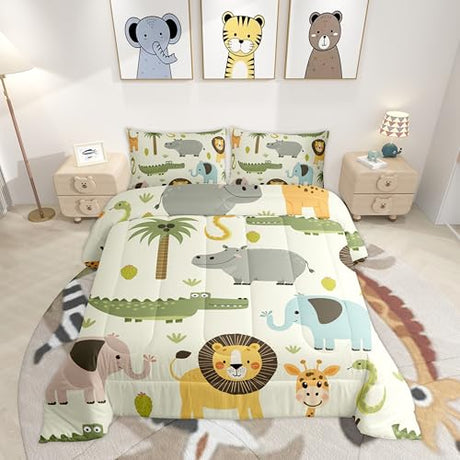 Feelyou Nursery Cute Wild Animals Bedding Set for Girls Boys Child Kids Cartoon Lion Giraffe Crocodile Comforter Decor Nature Wildlife Comforter Set Zoo Animal Theme Duvet Set Twin Size Quilt Set Feelyou