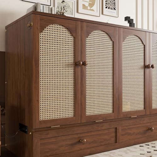 Bellemave Queen Murphy Bed with Storage Drawer and Station, Cabinet Bed, Murphy Cabinet with Foldable Panel, Noisy Free, for Guest Bedroom, Living Room, Walnut Rattan Bellemave