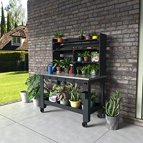GDLF Potting Bench Table Large Outdoor Kitchen Island Prep Station with Stainless Steel Top Waterproof Cover, Hardwood, 66.9" H GDLF