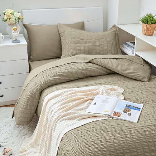 HYMOKEGE Linen Twin XL Comforter Set Seersucker 5 Pieces, All Season Luxury Bed in a Bag for Bedroom, Bedding Set with Comforter, Sheets, Pillowcase & Sham HYMOKEGE