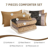 Dinjoy Brown King Size Comforter Set,Striped Bed in a Bag King 7 Pieces Soft Boho Bedding Comforters Sets Microfiber Bed Complete Set with Sheets for Fall Winter Dinjoy